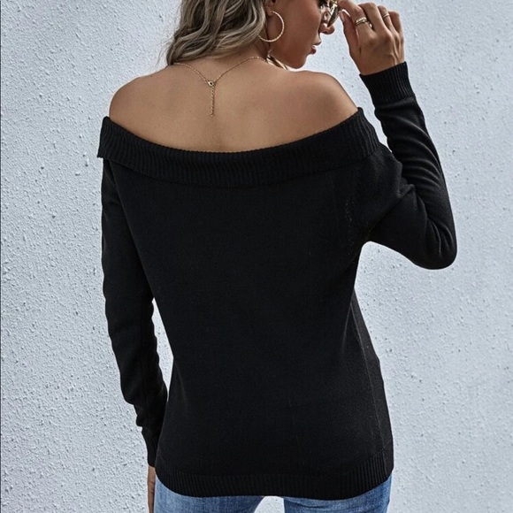 Foldover off the shoulder boho knit sweater black - Picture 2 of 4